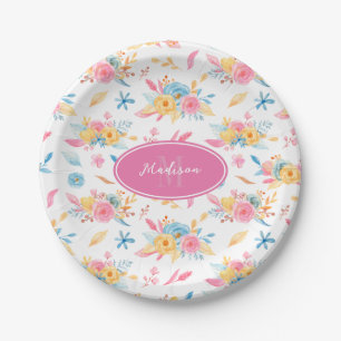  roze Floral Pattern Monogramed Papieren Bordje