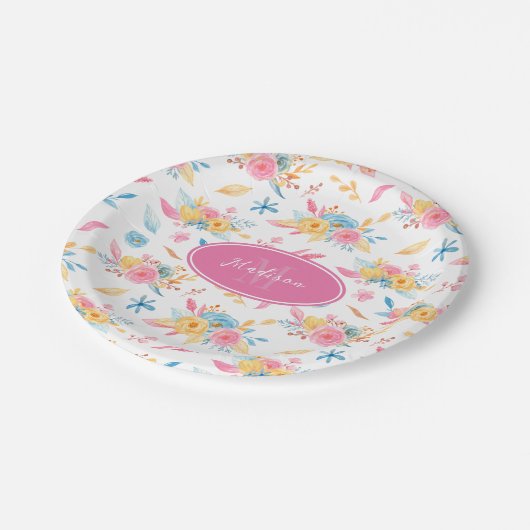  roze Floral Pattern Monogramed Papieren Bordje (Gekanteld)