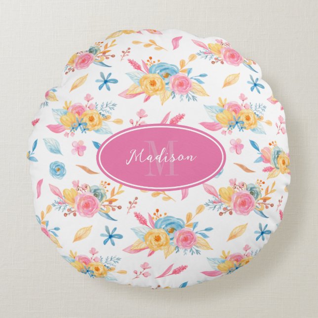  roze Floral Pattern Monogramed Rond Kussen (Voorkant)