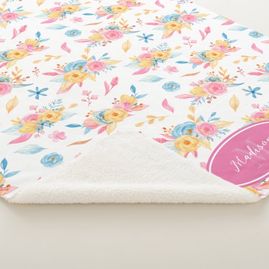 roze Floral Pattern Monogramed Sherpa Deken (3/4)