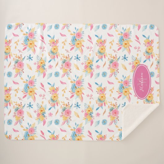  roze Floral Pattern Monogramed Sherpa Deken (Voorkant (horizontaal))