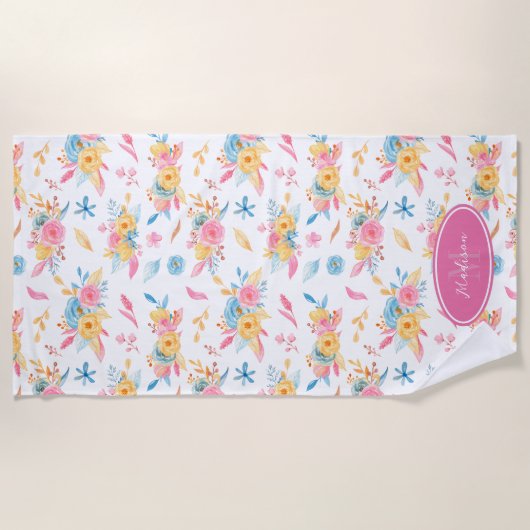 roze Floral Pattern Monogramed Strandlaken (Voorkant)