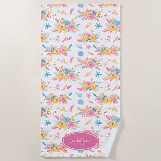  roze Floral Pattern Monogramed Strandlaken (Voorkant)