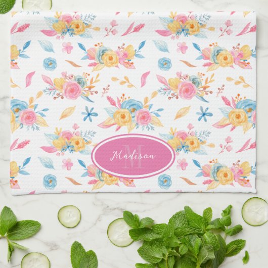 roze Floral Pattern Monogramed Theedoek (Gevouwen)