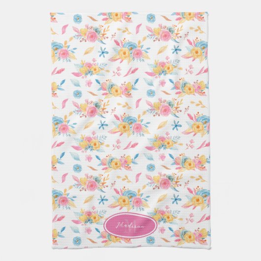 roze Floral Pattern Monogramed Theedoek (Verticaal)