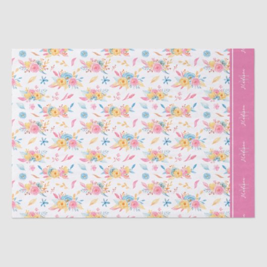 roze Floral Pattern Monogramed Tissuepapier (Voorkant)