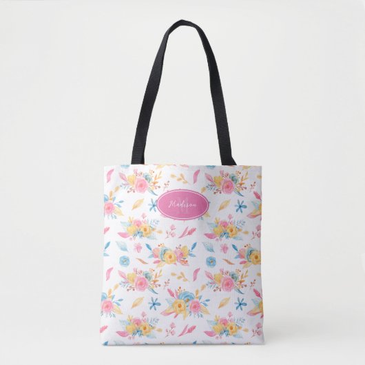 roze Floral Pattern Monogramed Tote Bag (Voorkant)