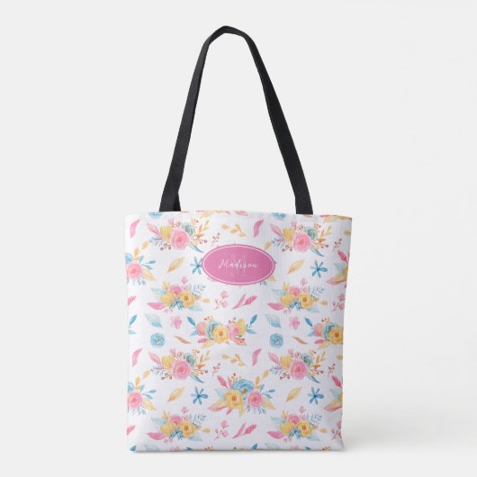 roze Floral Pattern Monogramed Tote Bag (Achterkant)