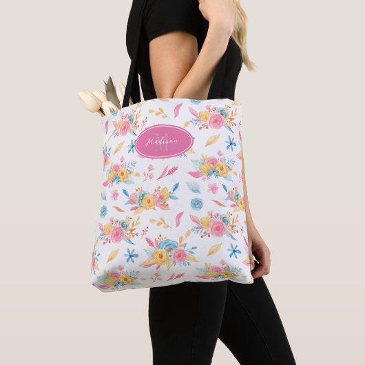 roze Floral Pattern Monogramed Tote Bag (Dichtbij)