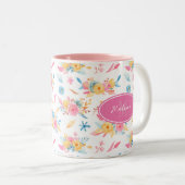 roze Floral Pattern Monogramed Tweekleurige Koffiemok (Voorkant rechts)