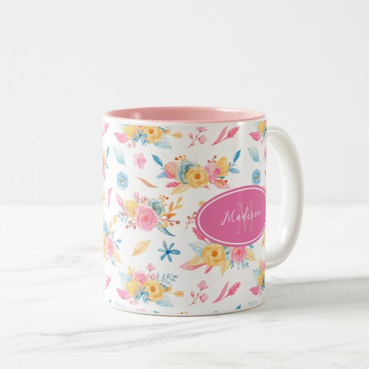  roze Floral Pattern Monogramed Tweekleurige Koffiemok (Voorkant rechts)