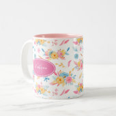  roze Floral Pattern Monogramed Tweekleurige Koffiemok (Voorkant links)