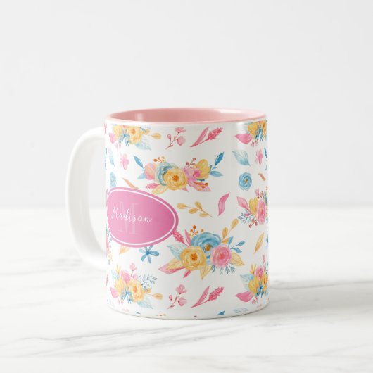  roze Floral Pattern Monogramed Tweekleurige Koffiemok (Voorkant links)