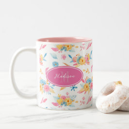  roze Floral Pattern Monogramed Tweekleurige Koffiemok