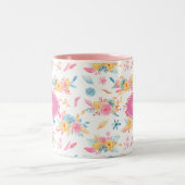  roze Floral Pattern Monogramed Tweekleurige Koffiemok (Center)