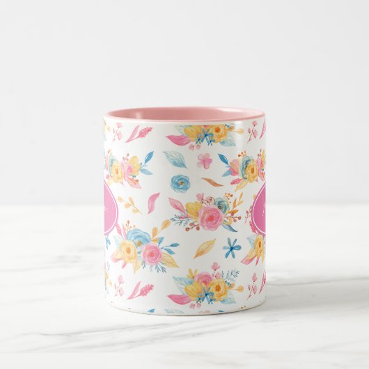 roze Floral Pattern Monogramed Tweekleurige Koffiemok (Center)