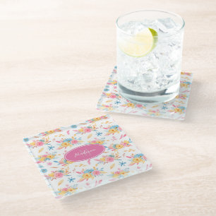 roze Floral Pattern Monogrammed KItchen Glazen Onderzetter