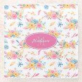 roze Floral Pattern Monogrammed KItchen Glazen Onderzetter (Voorkant)