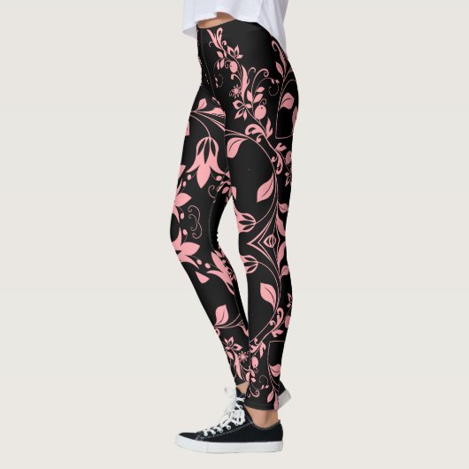 Roze Floral Pattern on Black Women's Workout Leggings (Links)