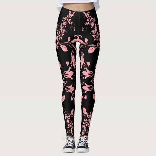 Roze Floral Pattern on Black Women's Workout Leggings (Voorkant)