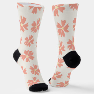 Roze Floral Pattern op Off-White Sokken