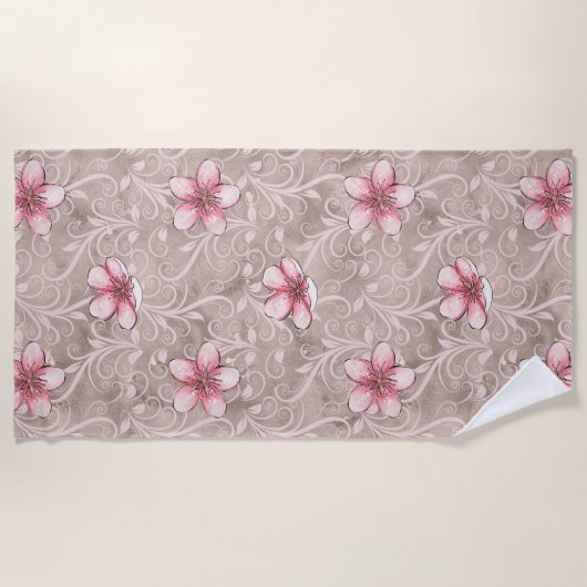 Roze Floral Pattern Strandlaken (Voorkant)