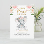 Roze Floral Peanut Elephant Baby shower Invitation Kaart (Staand voorkant)