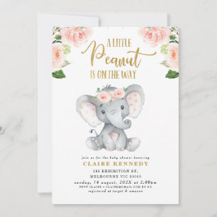 Roze Floral Peanut Elephant Baby shower Invitation Kaart
