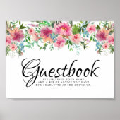 Roze Floral Peoney Christening Guestbook Poster (Voorkant)