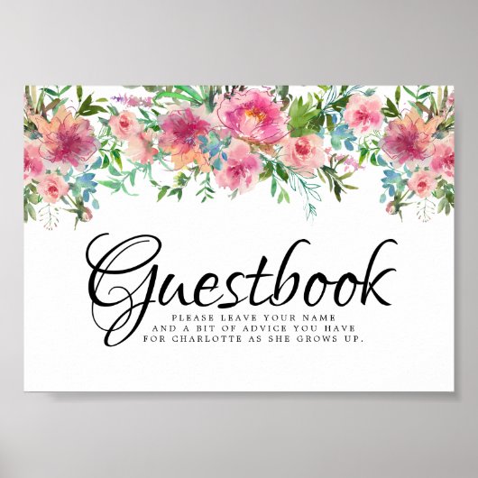Roze Floral Peoney Christening Guestbook Poster (Voorkant)