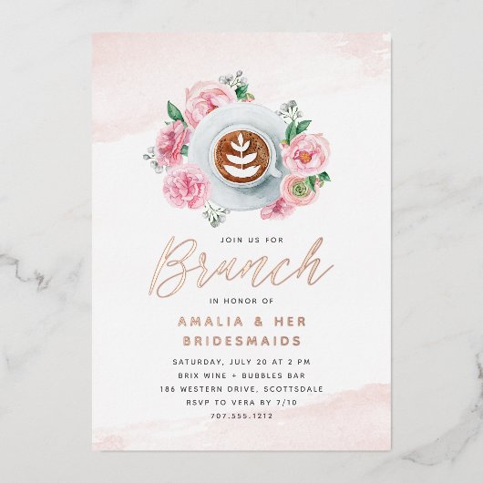 Roze Floral Peony en Coffee Bridesmaids Brunch Folie Uitnodiging (Voorkant)