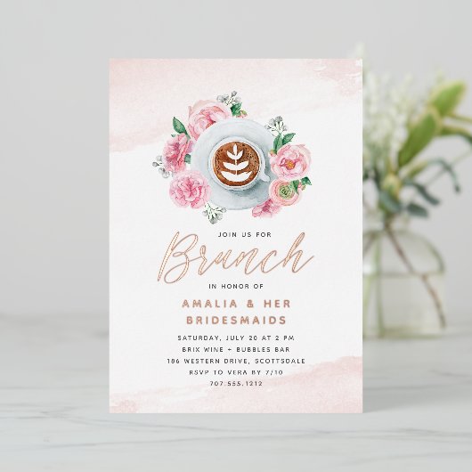 Roze Floral Peony en Coffee Bridesmaids Brunch Folie Uitnodiging (Staand Voorkant)