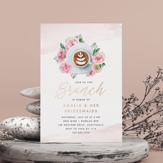 Roze Floral Peony en Coffee Bridesmaids Brunch Folie Uitnodiging