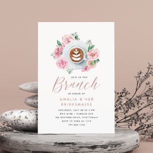 Roze Floral Peony en Coffee Bridesmaids Brunch Kaart
