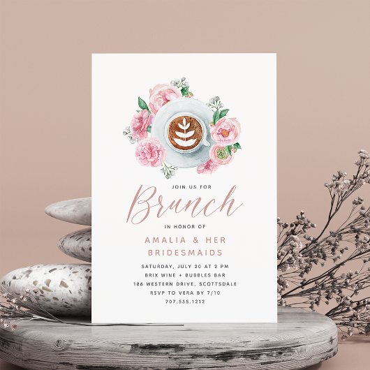 Roze Floral Peony en Coffee Bridesmaids Brunch Kaart