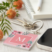 Roze | Floral Photo Monogram Key Ring Sleutelhanger (Voorkant Rechts)