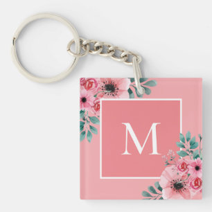 Roze Floral Photo Monogram Key Ring Sleutelhanger