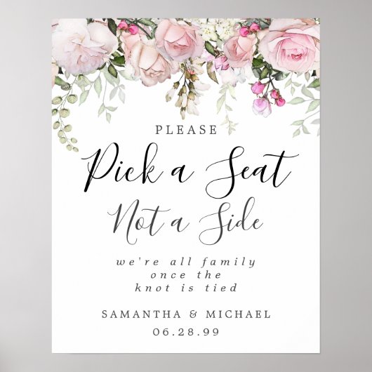 Roze Floral Pick A Seat Not Side Weddenschap Poster (Voorkant)