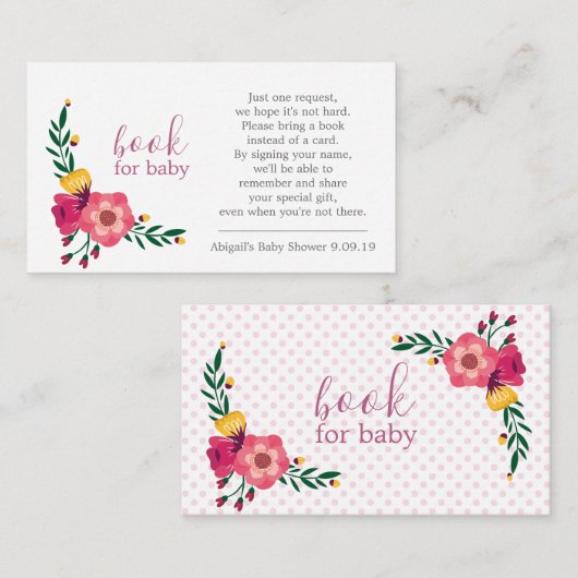 Roze Floral Polka Dot Book Request Baby shower Informatiekaartje (Voorkant / Achterkant)