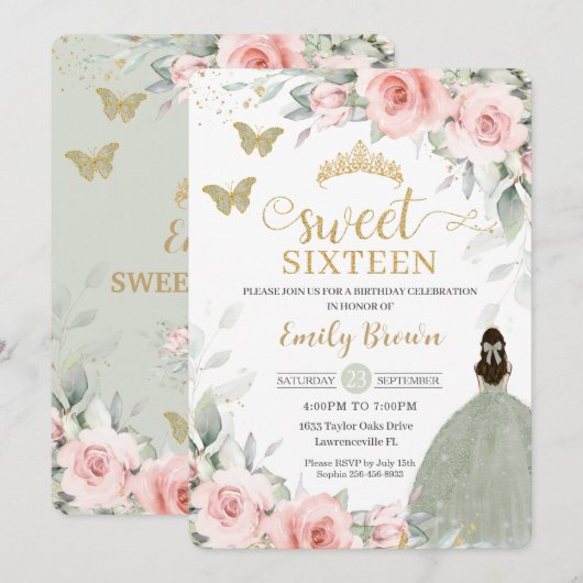 Roze Floral Princess Sage Green Sweet Sixteen Kaart (Voorkant / Achterkant)