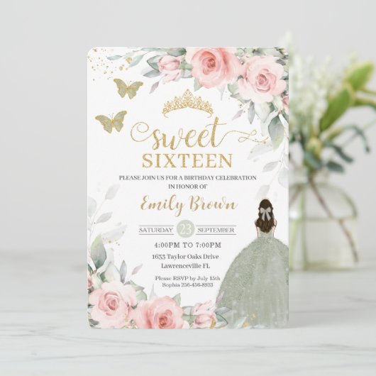 Roze Floral Princess Sage Green Sweet Sixteen Kaart (Staand voorkant)