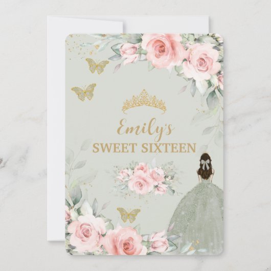 Roze Floral Princess Sage Green Sweet Sixteen Kaart (Achterkant)