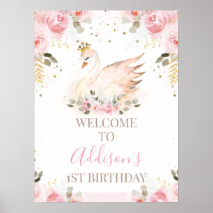 Roze Floral prinses Swan Birthday Welkomstteken Poster