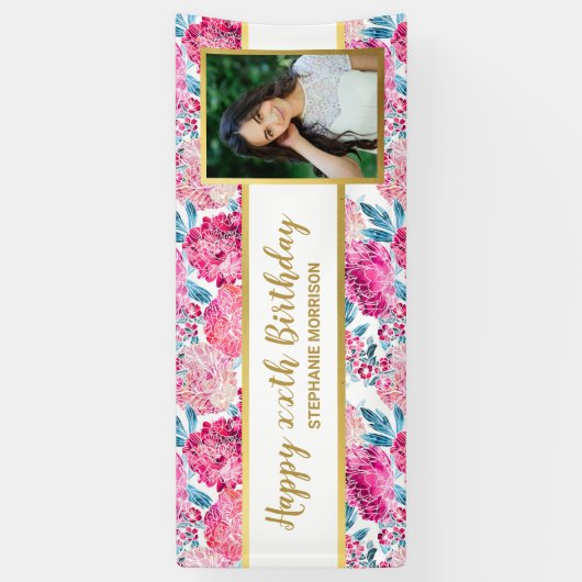 Roze Floral print, elke leeftijd, aangepaste foto Spandoek (Verticaal)
