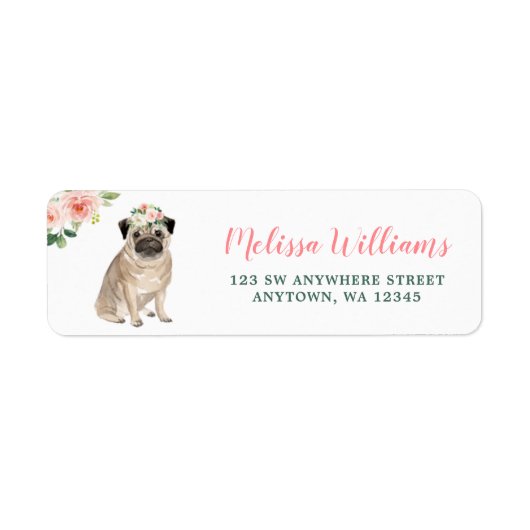 Roze Floral Pug Dog Return Label (Voorkant)