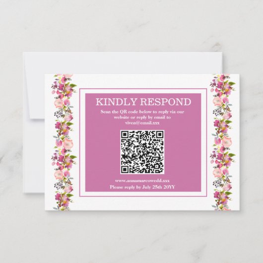 Roze Floral QR Code RSVP Card (Voorkant)