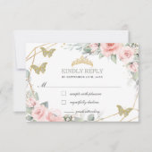 Roze Floral Quinceañera Sage Green Butterflies RSVP Kaartje (Voorkant)