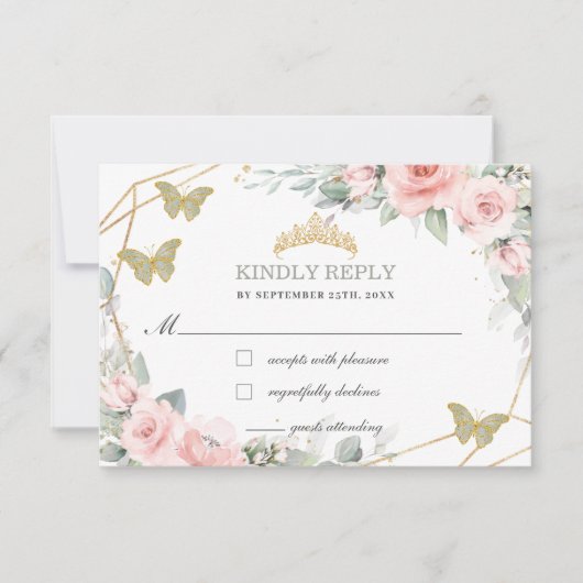 Roze Floral Quinceañera Sage Green Butterflies RSVP Kaartje (Voorkant)