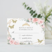 Roze Floral Quinceañera Sage Green Butterflies RSVP Kaartje (Staand voorkant)