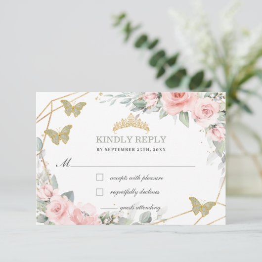 Roze Floral Quinceañera Sage Green Butterflies RSVP Kaartje (Staand voorkant)